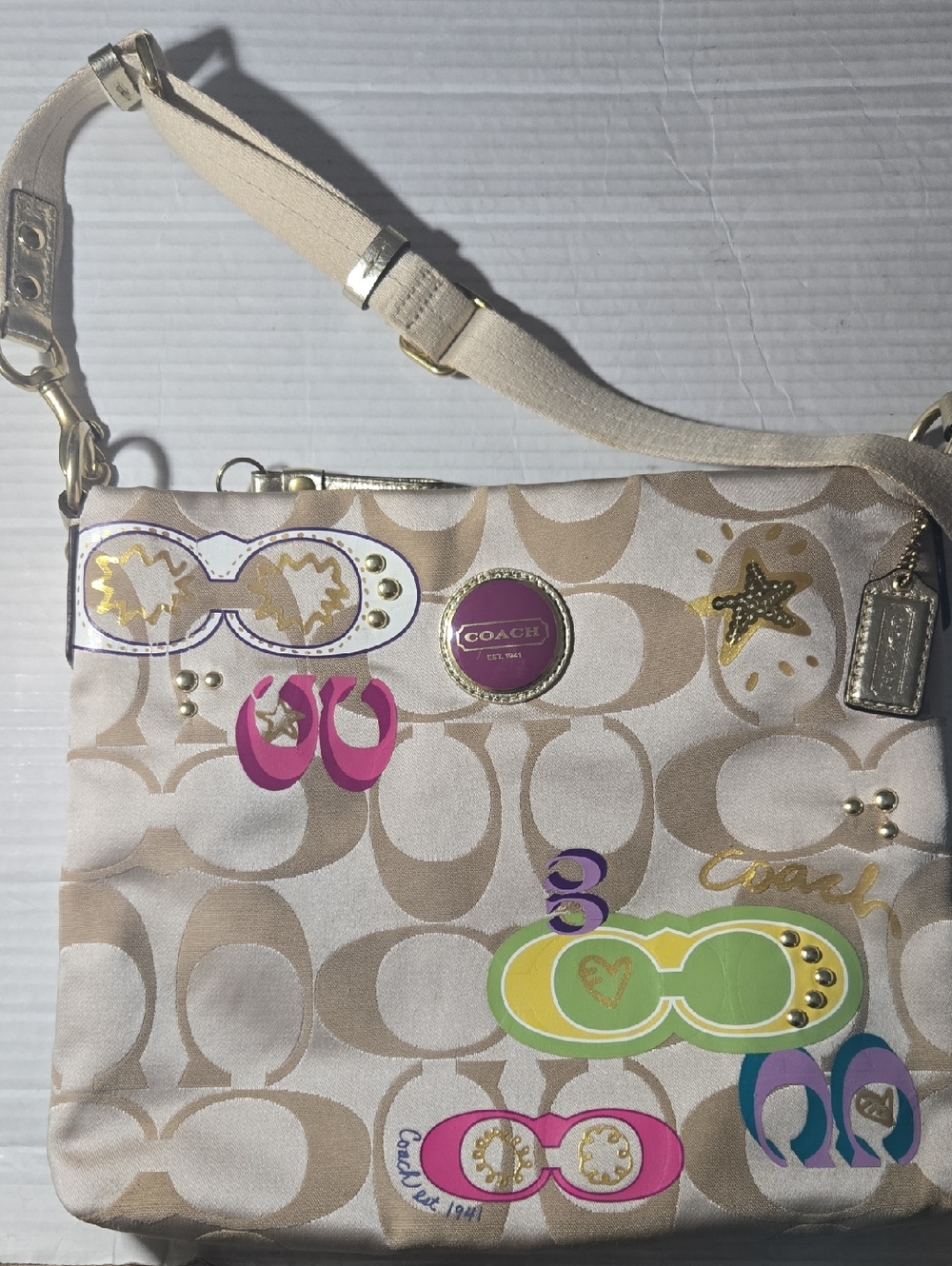 Coach Beige Signature Canvas Crossbody with Colorful Graphic Patches